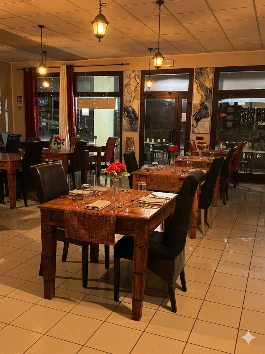 Moody restaurant interior with window light and wooden table